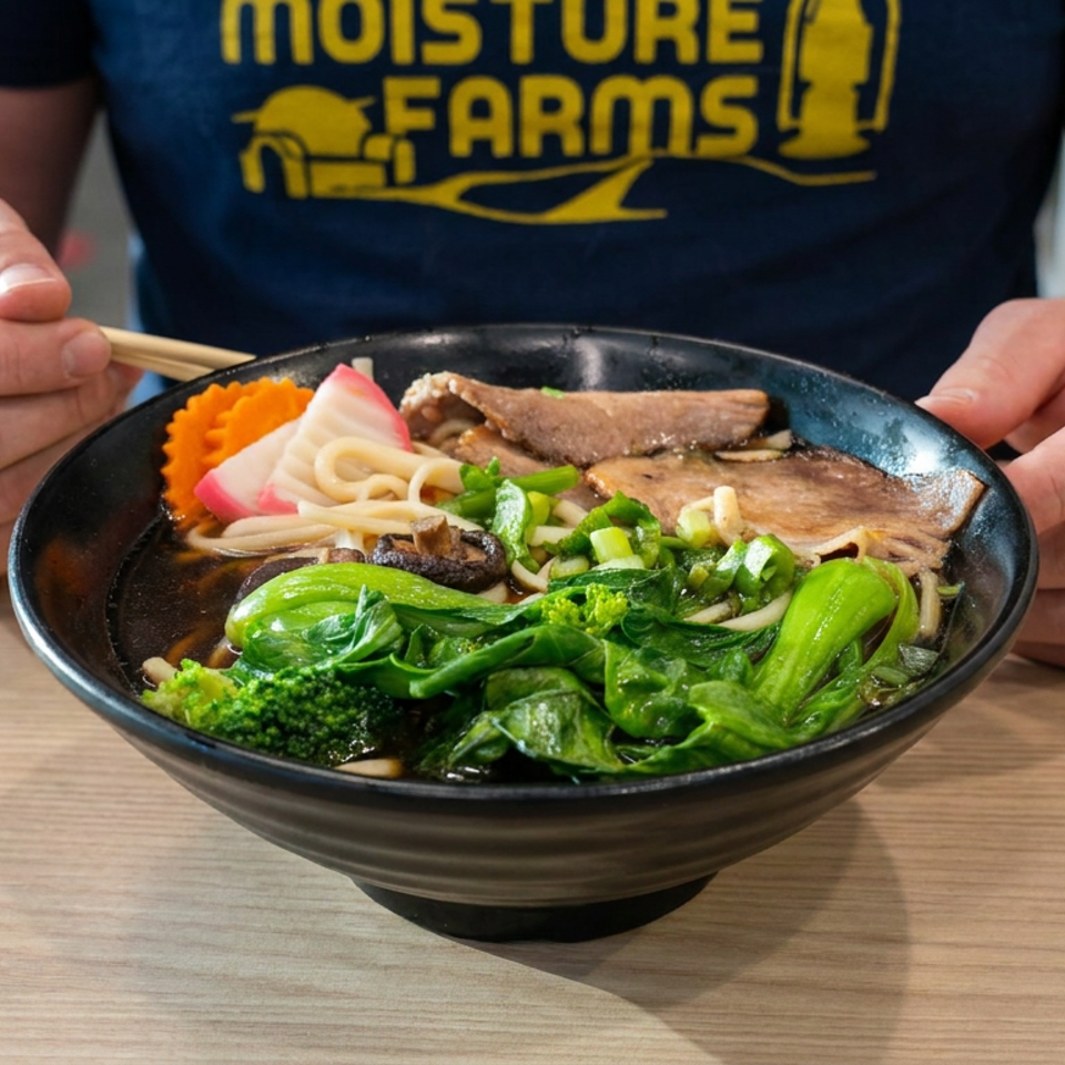 Person using chopsticks to eat a bowl of ramen with sliced meat, noodles, broccoli, greens, and vegetables at a table.