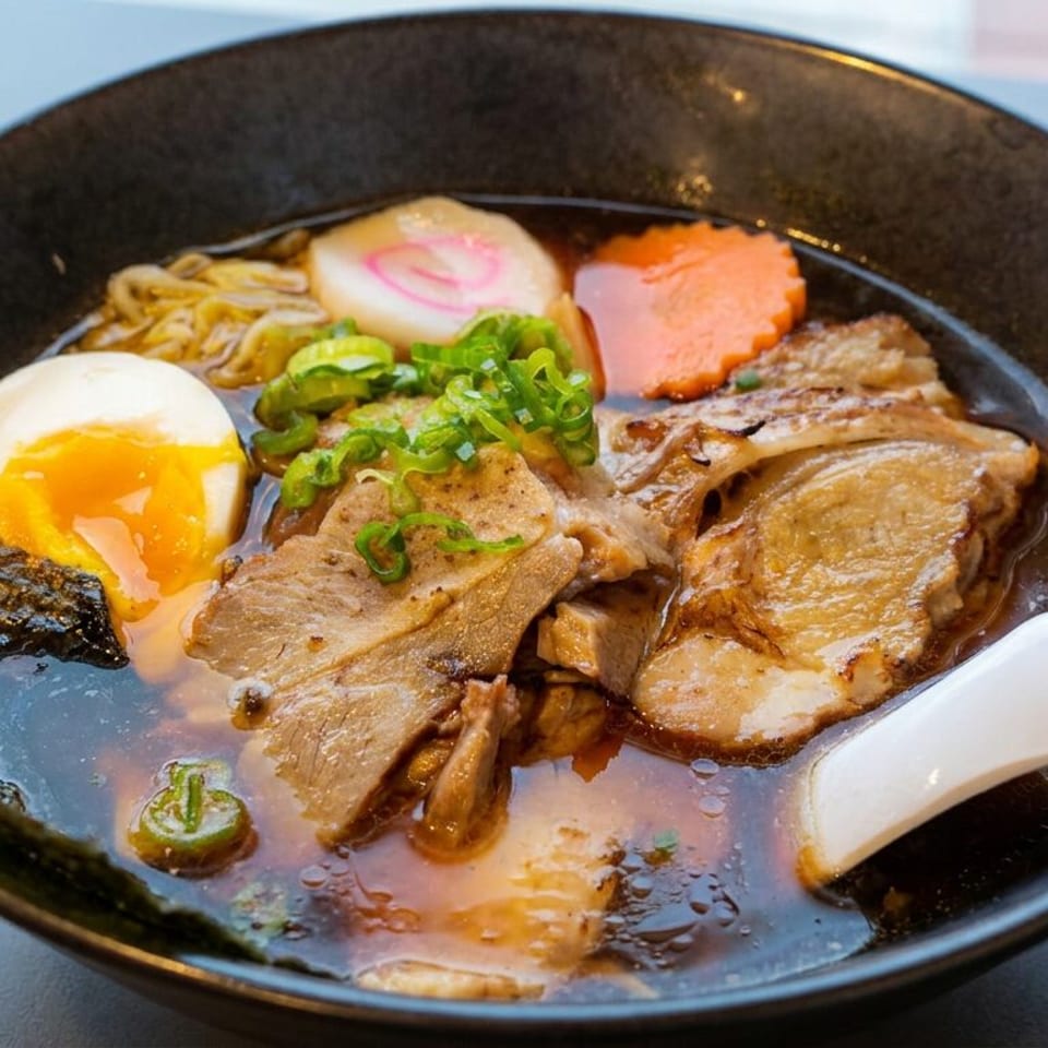 Bowl of Japanese ramen with pork slices, soft-boiled egg, seaweed, green onions, fish cake, and vegetables in broth.