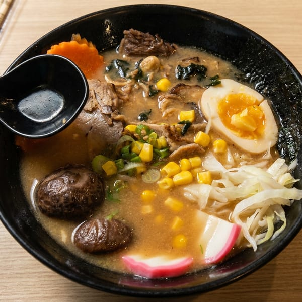 Black bowl of ramen with sliced beef, soft-boiled egg, corn, mushrooms, cabbage, carrots, and fish cake on a wooden table.