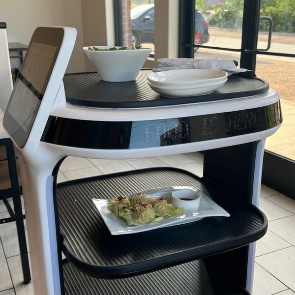 Autonomous food-delivery robot carries a plate of lettuce wraps with dipping sauce and a bowl of salad inside a restaurant.