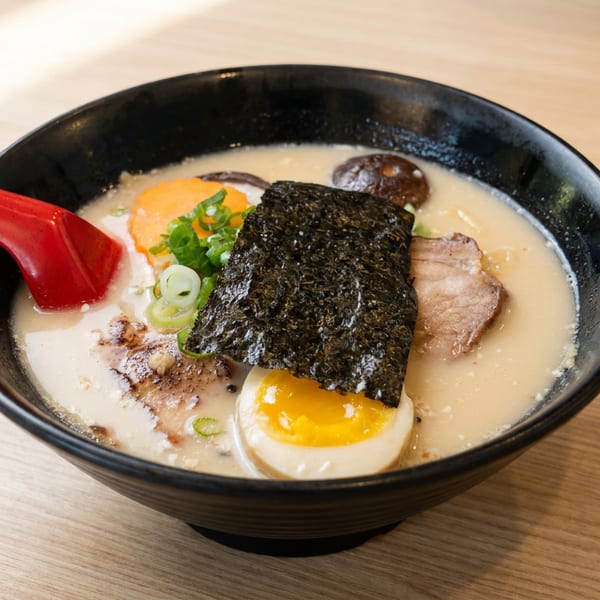 Black bowl of creamy ramen topped with seaweed, sliced pork, soft-boiled egg, green onions, and a red spoon.