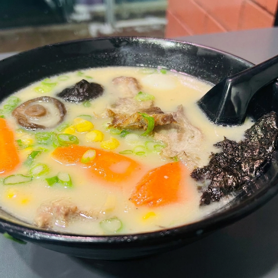 Black bowl of creamy ramen topped with carrot slices, mushrooms, corn, scallions, meat, seaweed, and a black spoon.